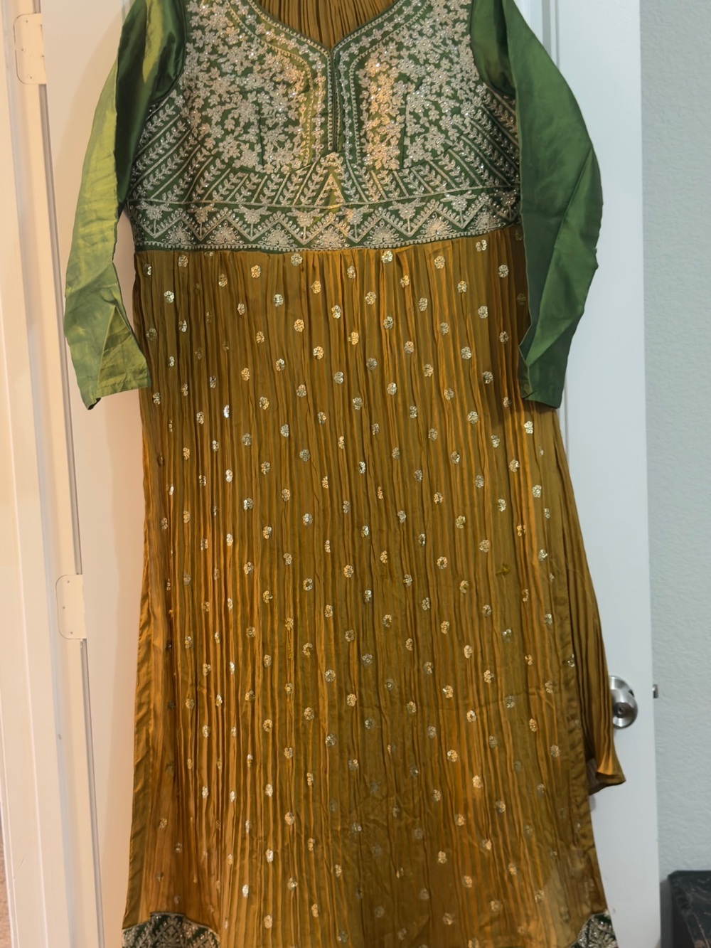 Embroidered Green and Mustard Maxi Anarkali Dress